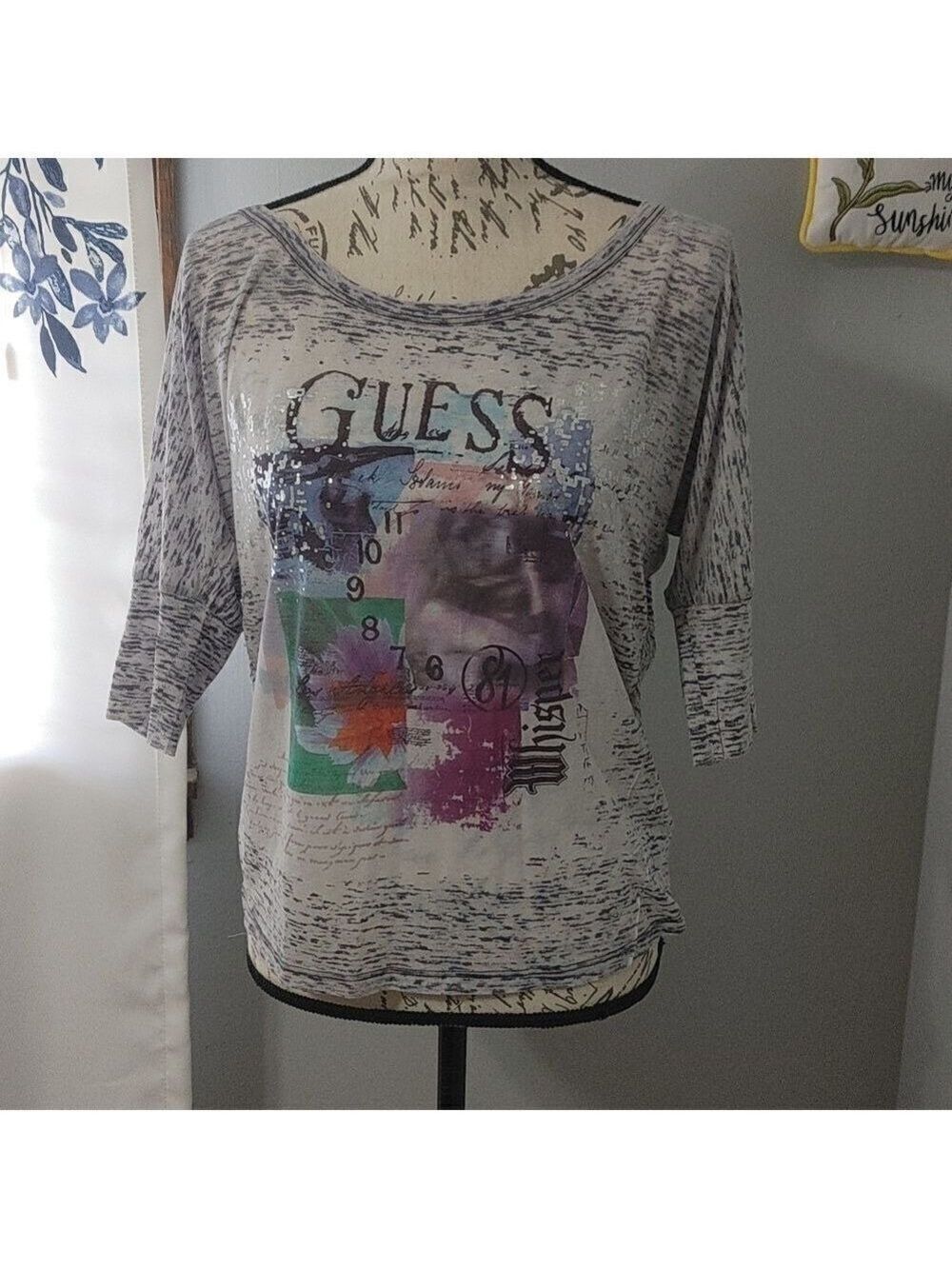 Guess Selena Echo Heather Grey with Foil Design Burnout Top M 3/4 sleeve